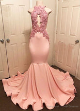 Halter Pink Lace Prom Party Gowns| Mermaid Formal Dresses